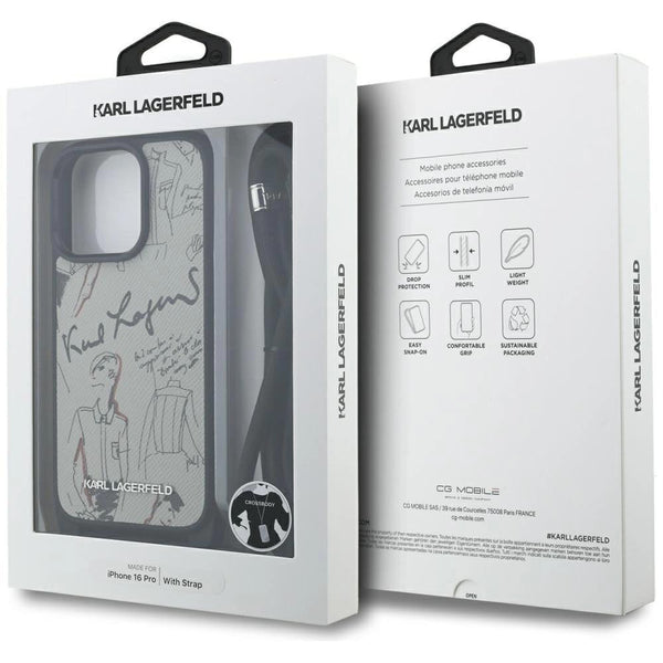 Karl Lagerfeld Crossbody Grained Pattern & Logo Case for iPhone 16 Pro 6.3" Grey - KLHCP16LPGGRMPCG