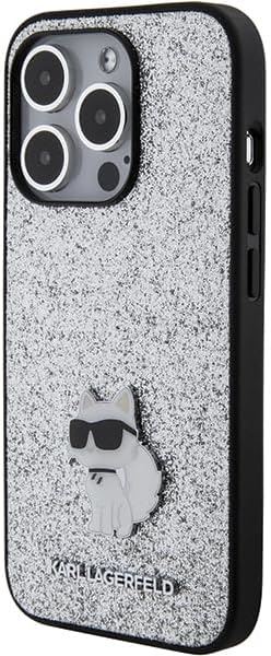 Karl Lagerfeld Fixed Glitter Choupette Logo Metal Pin Hard Case for iphone 15 Pro 6.1" Silver - KLHCP15LGCNPSG