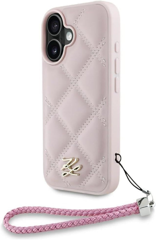 Karl Lagerfeld Quilted Initial Logo with Chain Strap Case for iPhone 16 6.1" Pink - KLHCP16SPSQSKLSMSP