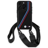 BMW M Series Carbon Tricolor Lines & Strap Case for iPhone 16 Pro Max 6.9" Black - BMHCP16X23PSVTK