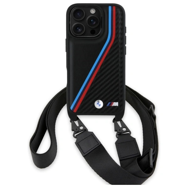 BMW M Series Carbon Tricolor Lines & Strap Case for iPhone 16 Pro Max 6.9" Black - BMHCP16X23PSVTK