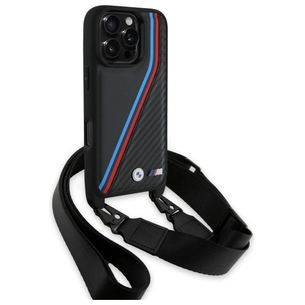 BMW M Series Carbon Tricolor Lines & Strap Case for iPhone 16 Pro Max 6.9" Black - BMHCP16X23PSVTK