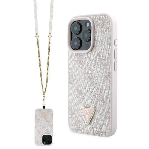 Guess Leather Metal Logo Strass Crossbody Case for iPhone 16 Pro 6.3" Pink - GUHCP16LP4TDSCPP