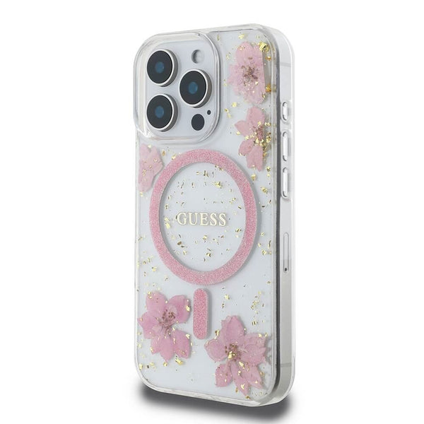 Guess Resin Flower Glitter Hardcase with MagSafe for iPhone 16 Pro 6.3" Pink - GUHMP16LRBFGFGMP