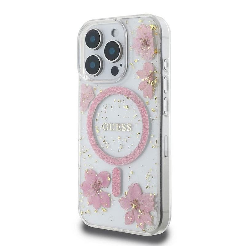 Guess Resin Flower Glitter Hardcase with MagSafe for iPhone 16 Pro 6.3" Pink - GUHMP16LRBFGFGMP