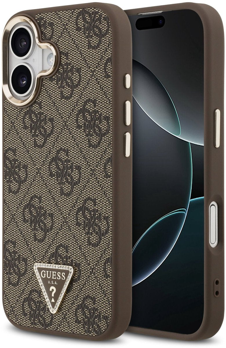 Guess PU Leather 4G Triangle Logo Gold Frame Case with MagSafe for iPhone 17 6.3" Brown - GUHMP17SP4GTDGMW