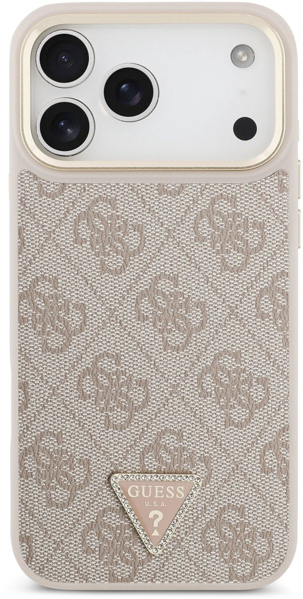 Guess PU Leather 4G Triangle Logo Gold Frame Case with MagSafe for iPhone 17 Pro Max 6.9" Pink - GUHMP17XP4GTDGMP