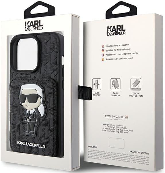 Karl Lagerfeld Saffiano Cardslot with Stand Monogram Ikonik Patch Case for iphone 15 Pro 6.1" Black - KLHCP15LSAKKNSCK