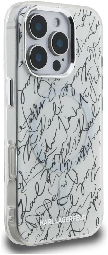 Karl Lagerfeld IML Karl Script Pattern with MagSafe Case for iPhone 16 Pro 6.3" White - KLHMP16LHMSPUSH
