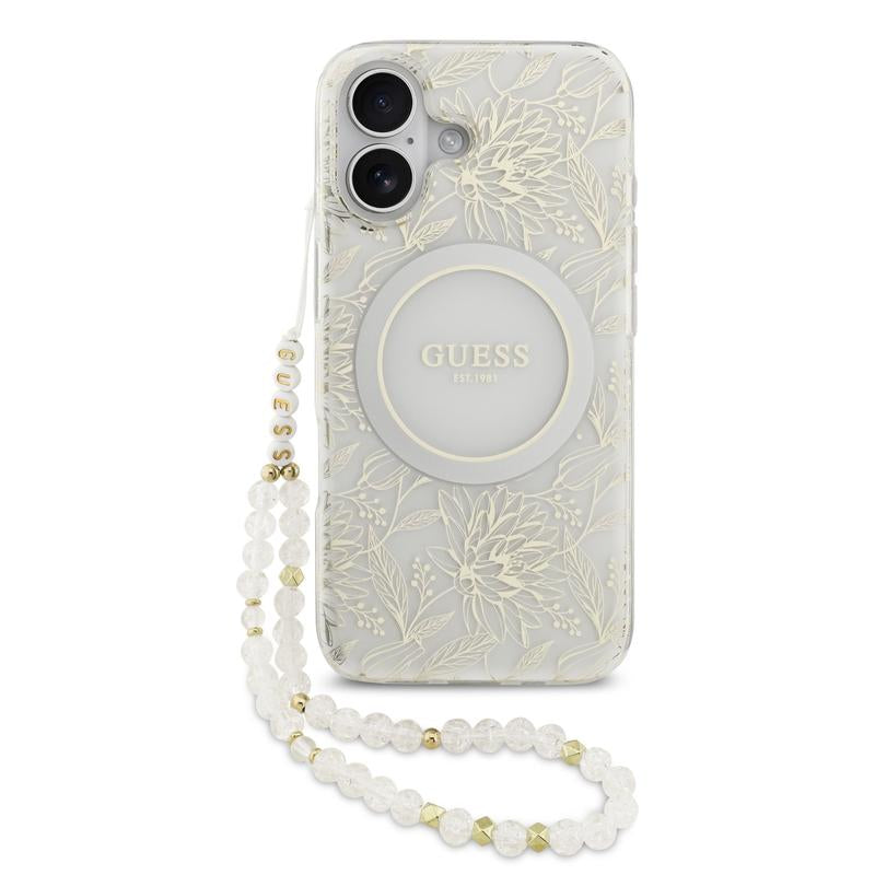 Guess IML Flowers Electro Pearl Strap Case with MagSafe for iPhone 17 6.3" White - GUHMP17SHCPOFPH