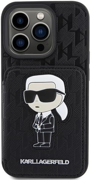 Karl Lagerfeld Saffiano Cardslot with Stand Monogram Ikonik Patch Case for iphone 15 Pro 6.1" Black - KLHCP15LSAKKNSCK