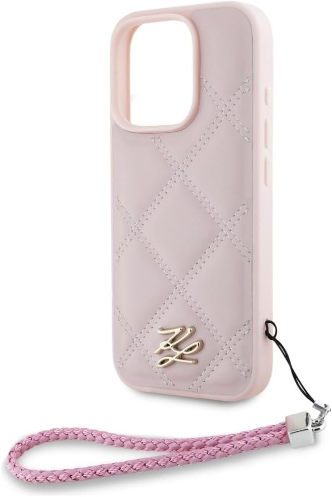 Karl Lagerfeld Quilted Initial Logo with Chain Strap Case for iPhone 16 Pro 6.3" Pink - KLHCP16LPSQSKLSMSP