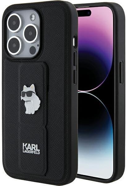 Karl Lagerfeld Choupette Pins with Grip Stand Saffiano for iphone 15 Pro 6.1" Black - KLHCP15LGSACHPK