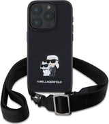 Karl Lagerfeld Saffiano Karl & Choupette Metal Pin Crossbody Strap Case for iPhone 16 Pro 6.3" Black - KLHCP16LSAKCPBK