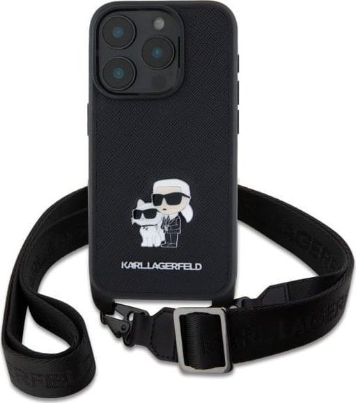 Karl Lagerfeld Saffiano Karl & Choupette Metal Pin Crossbody Strap Case for iPhone 16 Pro 6.3" Black - KLHCP16LSAKCPBK
