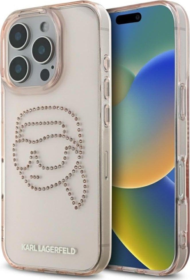 Karl Lagerfeld IML Rhinestones Karl Head Case for iPhone 16 Pro Max 6.9" Pink- KLHCP16XHKHDCELP