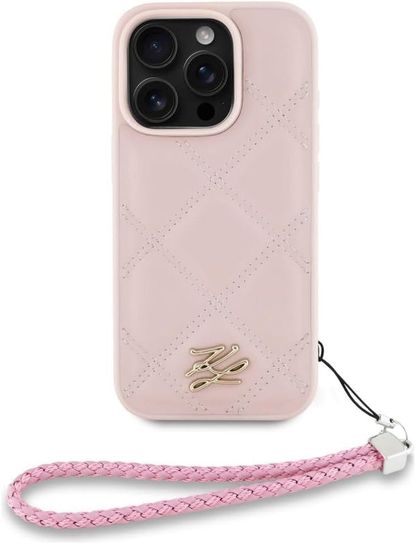 Karl Lagerfeld Quilted Initial Logo with Chain Strap Case for iPhone 16 Pro 6.3" Pink - KLHCP16LPSQSKLSMSP