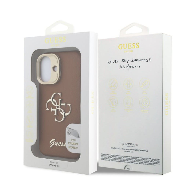 Guess PU Grained 4G Logo Stand Camera Frame Case for iPhone 16 6.1" Brown - GUHCP16SPCS4GSW