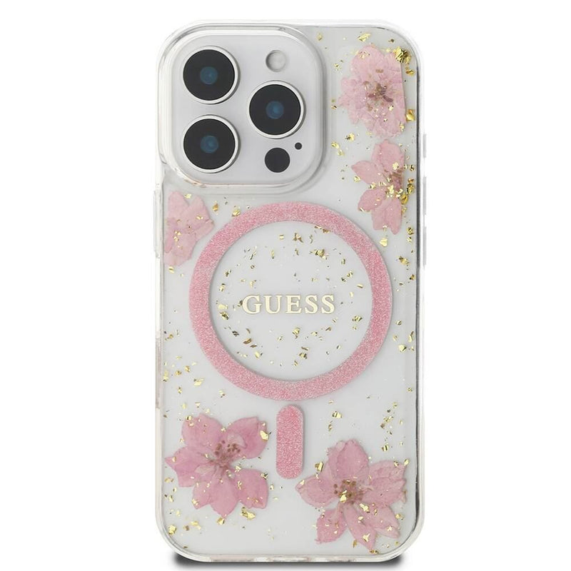 Guess Resin Flower Glitter Hardcase with MagSafe for iPhone 16 Pro 6.3" Pink - GUHMP16LRBFGFGMP