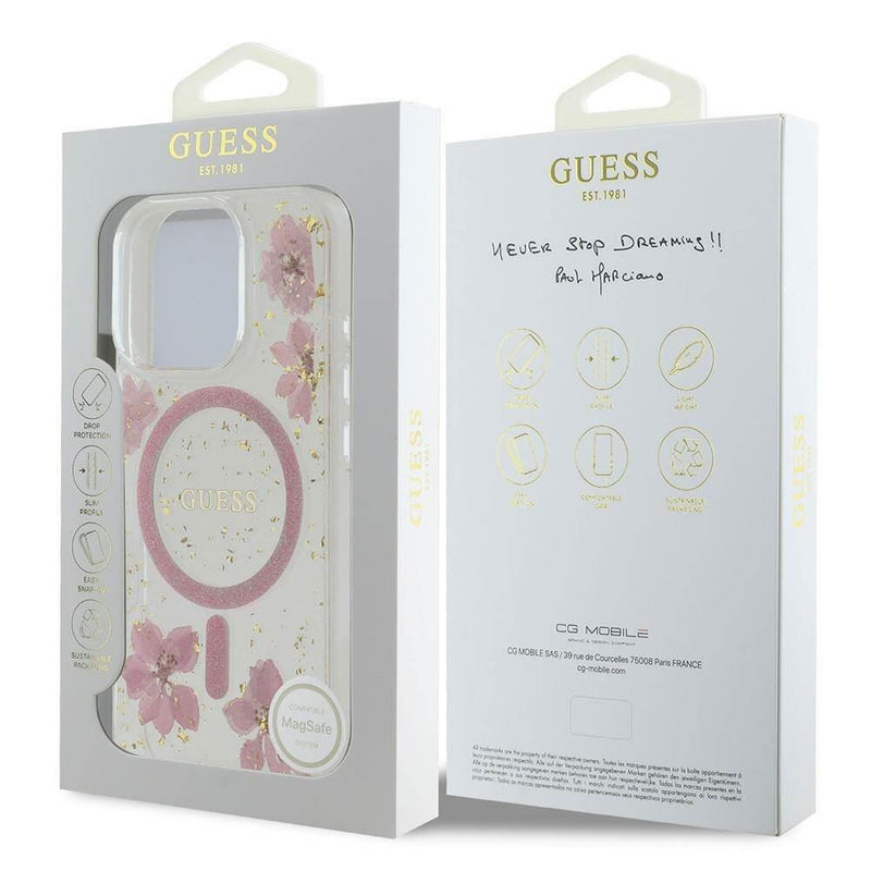 Guess Resin Flower Glitter Hardcase with MagSafe for iPhone 16 Pro 6.3" Pink - GUHMP16LRBFGFGMP