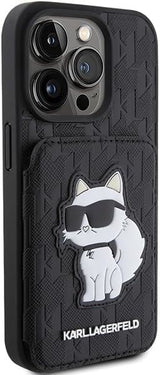 Karl Lagerfeld Saffiano Card Slots and Stand Monogram Choupette Case for iPhone 15 Pro Max 6.7" Black - KLHCP15XSAKCNSCK