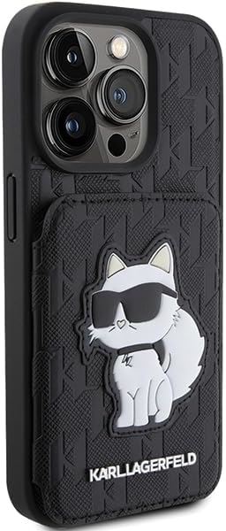 Karl Lagerfeld Saffiano Card Slots and Stand Monogram Choupette Case for iPhone 15 Pro Max 6.7" Black - KLHCP15XSAKCNSCK
