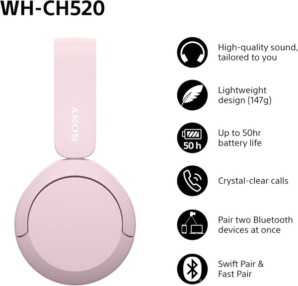 Sony WH-CH520 Over Ear Wireless Bluetooth Headphones Pink - WHCH520P.CE7