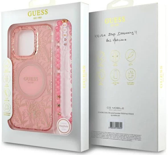 Guess IML Flowers Allover Electro and Pearl Strap Case with MagSafe for iPhone 16 Pro Max 6.9" Pink - GUHMP16XHCPOFPP