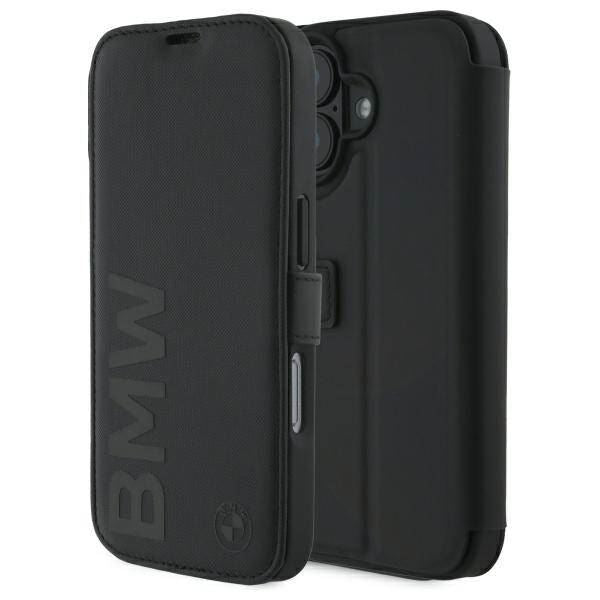 BMW Signature Leather Wordmark Bookcase for iPhone 16 6.1" Black - BMBKP16S23RMRLK