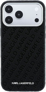 Karl Lagerfeld Grained Allover Logo Metal Elongated Case with MagSafe for iPhone 17/18 Pro Max 6.9" Black - KLHMP18XPSKLFOFK