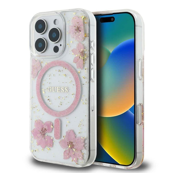 Guess Resin Flower Glitter Hardcase with MagSafe for iPhone 16 Pro 6.3" Pink - GUHMP16LRBFGFGMP