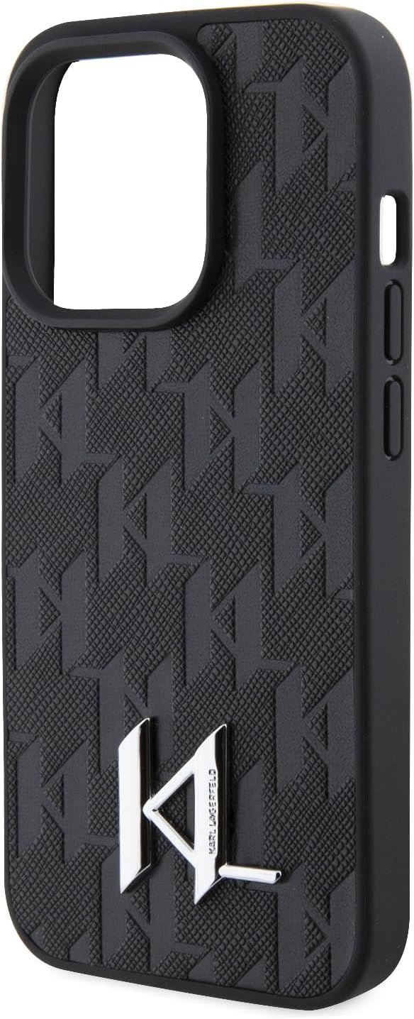 Karl Lagerfeld Leather Monogram Hot Stamp Metal Logo for iphone 15 Pro Max 6.7" Black - KLHCP15XPKLPKLK