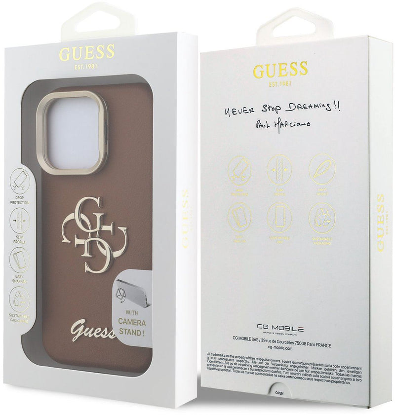 Guess PU Grained 4G Logo Stand Camera Frame Case for iPhone 16 Pro Max 6.9" Brown - GUHCP16XPCS4GSW
