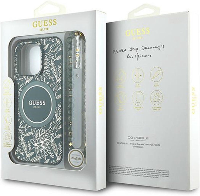 Guess IML Flowers Allover Electro and Pearl Strap Case with MagSafe for iPhone 16 Pro 6.3" Green - GUHMP16LHCPOFPA