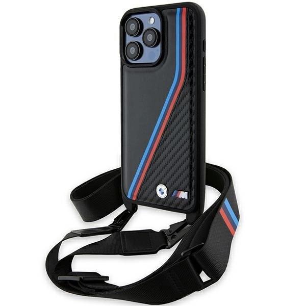 BMW M Edition Carbon Tricolor Lines with Strap Hard Case for iphone 15 Pro 6.1" Black - BMHCP15L23PSVTK