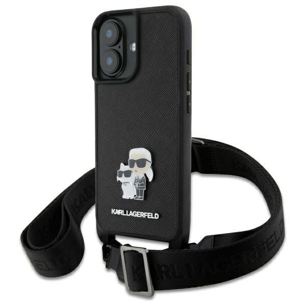 Karl Lagerfeld Saffiano Karl & Choupette Metal Pin Crossbody Strap Case for iPhone 16 6.1" Black - KLHCP16SSAKCPBK