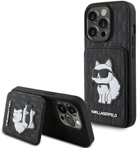 Karl Lagerfeld Saffiano Card Slots and Stand Monogram Choupette Case for iPhone 15 Pro Max 6.7" Black - KLHCP15XSAKCNSCK