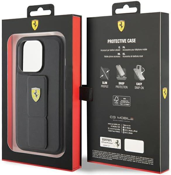 Ferrari Hard Case Grip Stand with Metal Logo for iphone 15 Pro 6.1" Black - FEHCP15XGSPSIK