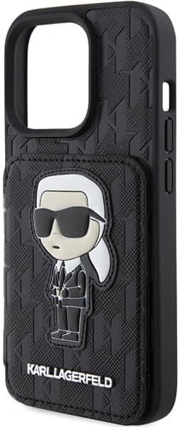 Karl Lagerfeld Saffiano Cardslot with Stand Monogram Ikonik Patch Case for iphone 15 Pro 6.1" Black - KLHCP15LSAKKNSCK