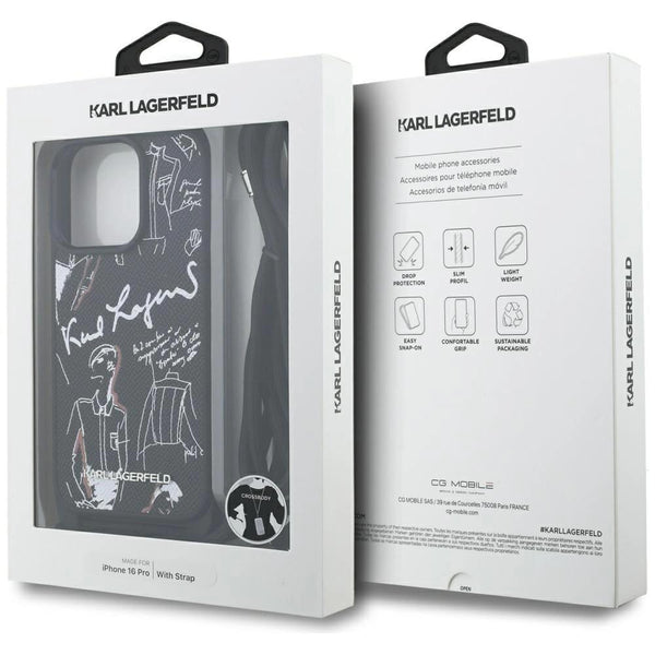 Karl Lagerfeld Crossbody Grained Pattern & Logo Case for iPhone 16 Pro 6.3" Black - KLHCP16LPGGRMPCK