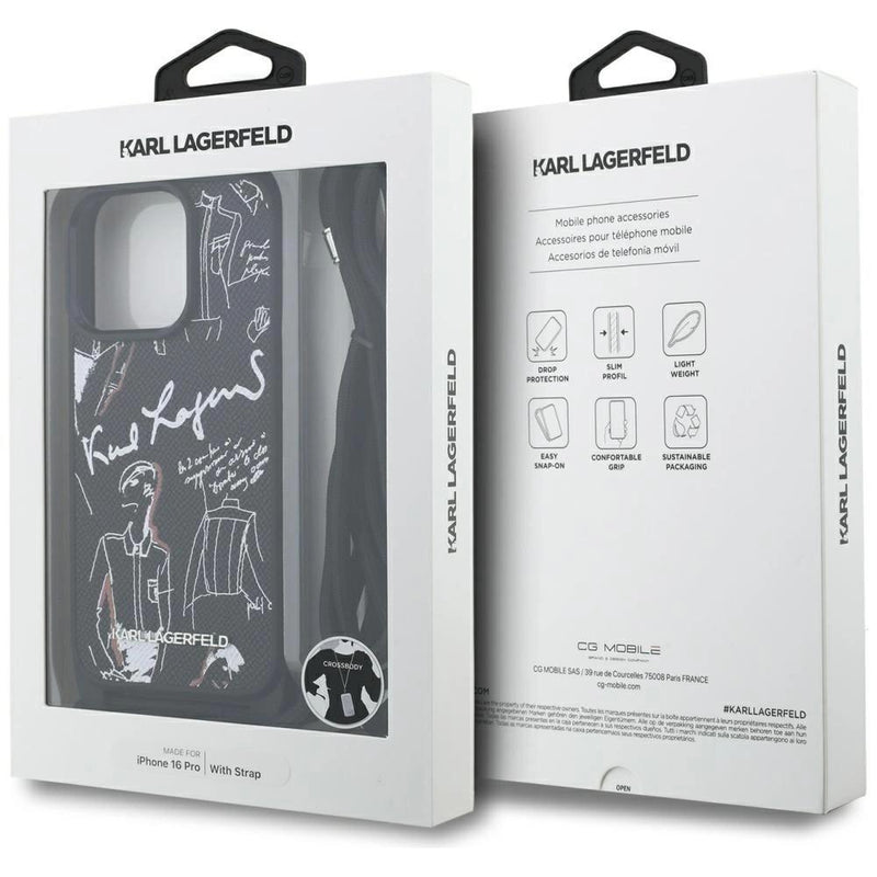 Karl Lagerfeld Crossbody Grained Pattern & Logo Case for iPhone 16 Pro 6.3" Black - KLHCP16LPGGRMPCK
