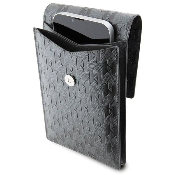 Karl Lagerfeld Saffiano Monogram Plaque Universal Phone Pouch with Strap Silver - KLWBSSAMSMG