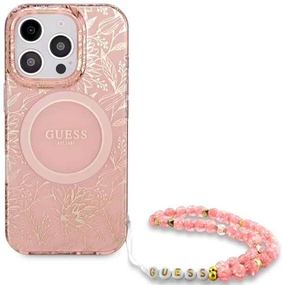 Guess IML Flowers Allover Electro and Pearl Strap Case with MagSafe for iPhone 16 Pro Max 6.9" Pink - GUHMP16XHCPOFPP
