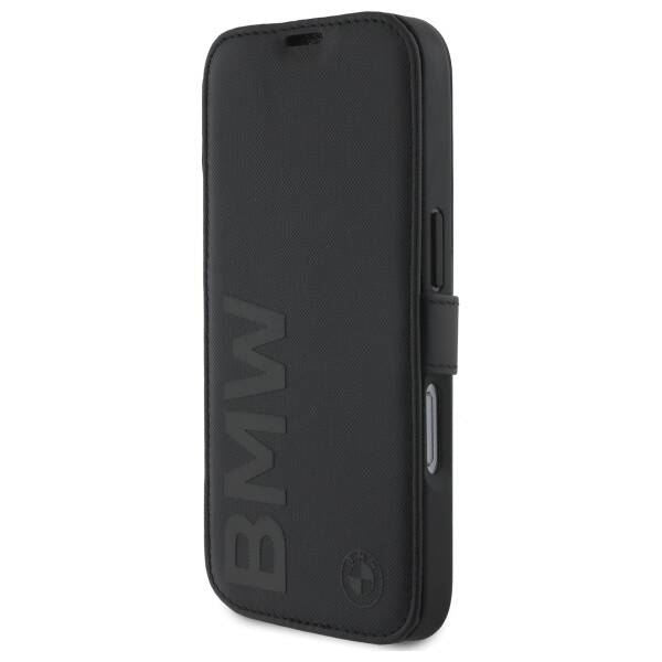 BMW Signature Leather Wordmark Bookcase for iPhone 16 6.1" Black - BMBKP16S23RMRLK