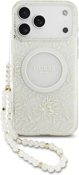 Guess IML Flowers Electro Pearl Strap MagSafe Case for iPhone 17/18 Pro Max 6.9" White - GUHMP18XHCPOFPH
