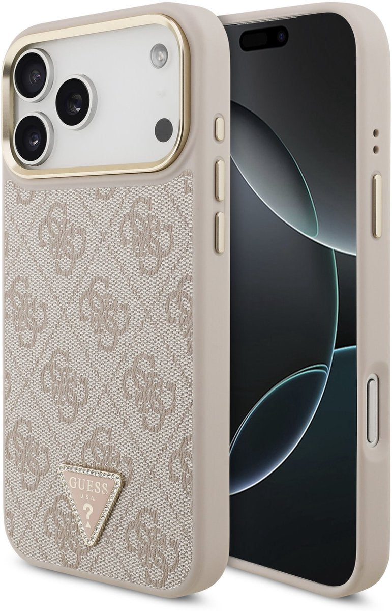 Guess PU Leather 4G Triangle Logo Gold Frame Case with MagSafe for iPhone 17 Pro Max 6.9" Pink - GUHMP17XP4GTDGMP