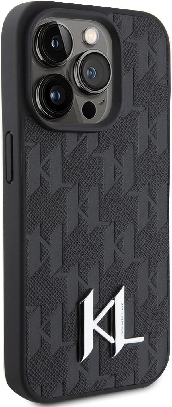 Karl Lagerfeld Leather Monogram Hot Stamp Metal Logo for iphone 15 Pro 6.1" Black - KLHCP15LPKLPKLK