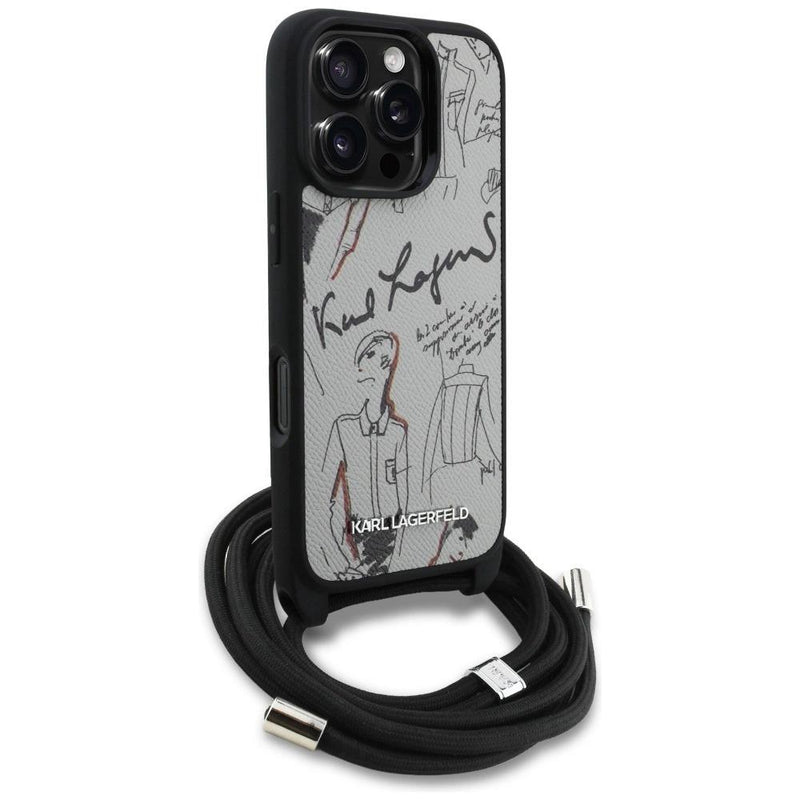Karl Lagerfeld Crossbody Grained Pattern & Logo Case for iPhone 16 Pro 6.3" Grey - KLHCP16LPGGRMPCG