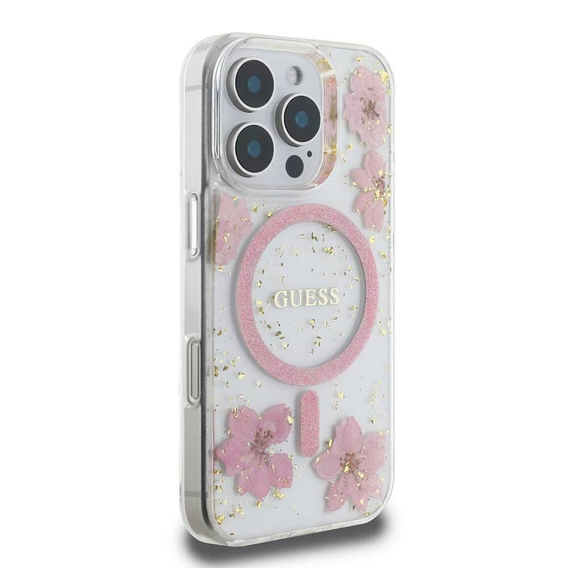 Guess Resin Flower Glitter Hardcase with MagSafe for iPhone 16 Pro 6.3" Pink - GUHMP16LRBFGFGMP