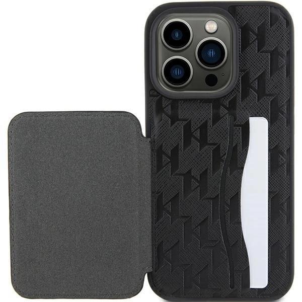 Karl Lagerfeld Saffiano Cardslots and Stand Monogram Ikonik Patch Case for iPhone 15 Pro Max 6.7" Black - KLHCP15XSAKKNSCK